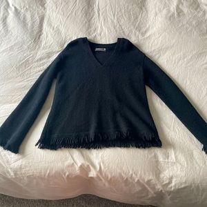 Small Anthropologie Joy Fringed Knit V-Neck Sweater in Black (Alpaca Wool Blend)